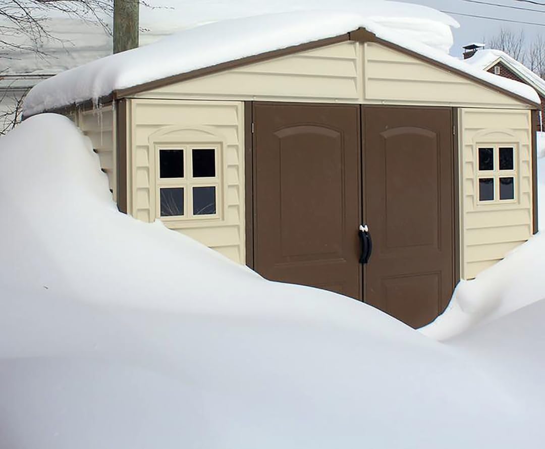 Duramax WoodSide 10 x 8 (8.02 m2) Plastic Garden Shed with 3 Fixed Windows & Metal Foundation Kit, Strong Metal Roof Structure Fire Retardant and Maintenance-Free Storage Shed - Ivory/Brown