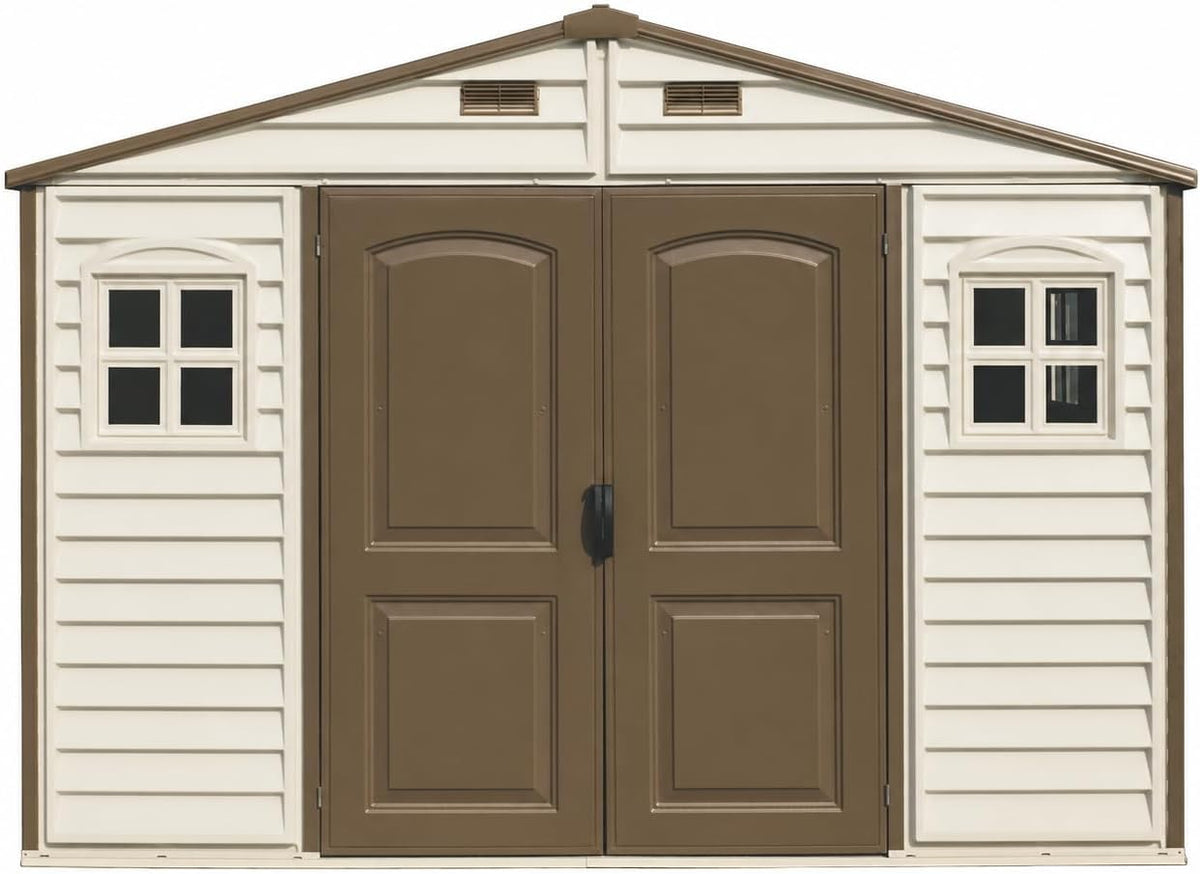 Duramax WoodSide 10 x 8 (8.02 m2) Plastic Garden Shed with 3 Fixed Windows & Metal Foundation Kit, Strong Metal Roof Structure Fire Retardant and Maintenance-Free Storage Shed - Ivory/Brown