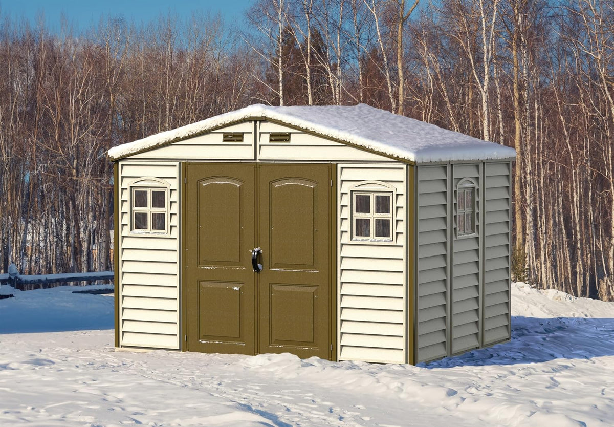 Duramax WoodSide 10 x 8 (8.02 m2) Plastic Garden Shed with 3 Fixed Windows & Metal Foundation Kit, Strong Metal Roof Structure Fire Retardant and Maintenance-Free Storage Shed - Ivory/Brown