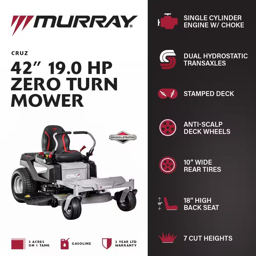 42-Inch Zero Turn Gas Lawn Mower with 19 HP Engine & Dual Hydrostatic Drive
