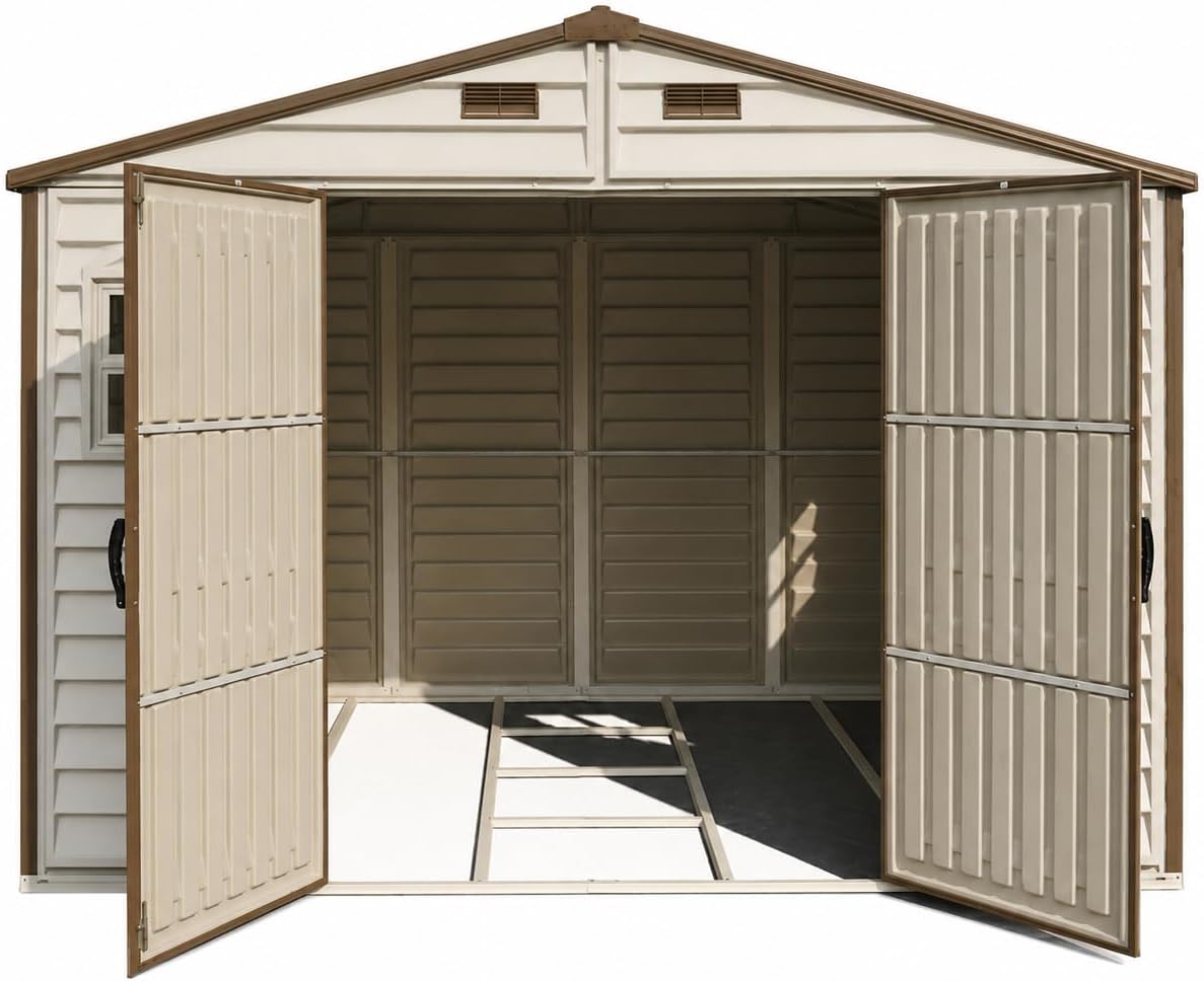 Duramax WoodSide 10 x 8 (8.02 m2) Plastic Garden Shed with 3 Fixed Windows & Metal Foundation Kit, Strong Metal Roof Structure Fire Retardant and Maintenance-Free Storage Shed - Ivory/Brown