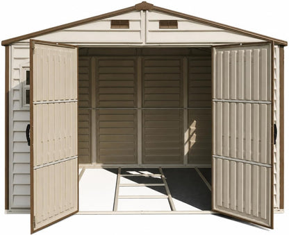 Duramax WoodSide 10 x 8 (8.02 m2) Plastic Garden Shed with 3 Fixed Windows & Metal Foundation Kit, Strong Metal Roof Structure Fire Retardant and Maintenance-Free Storage Shed - Ivory/Brown