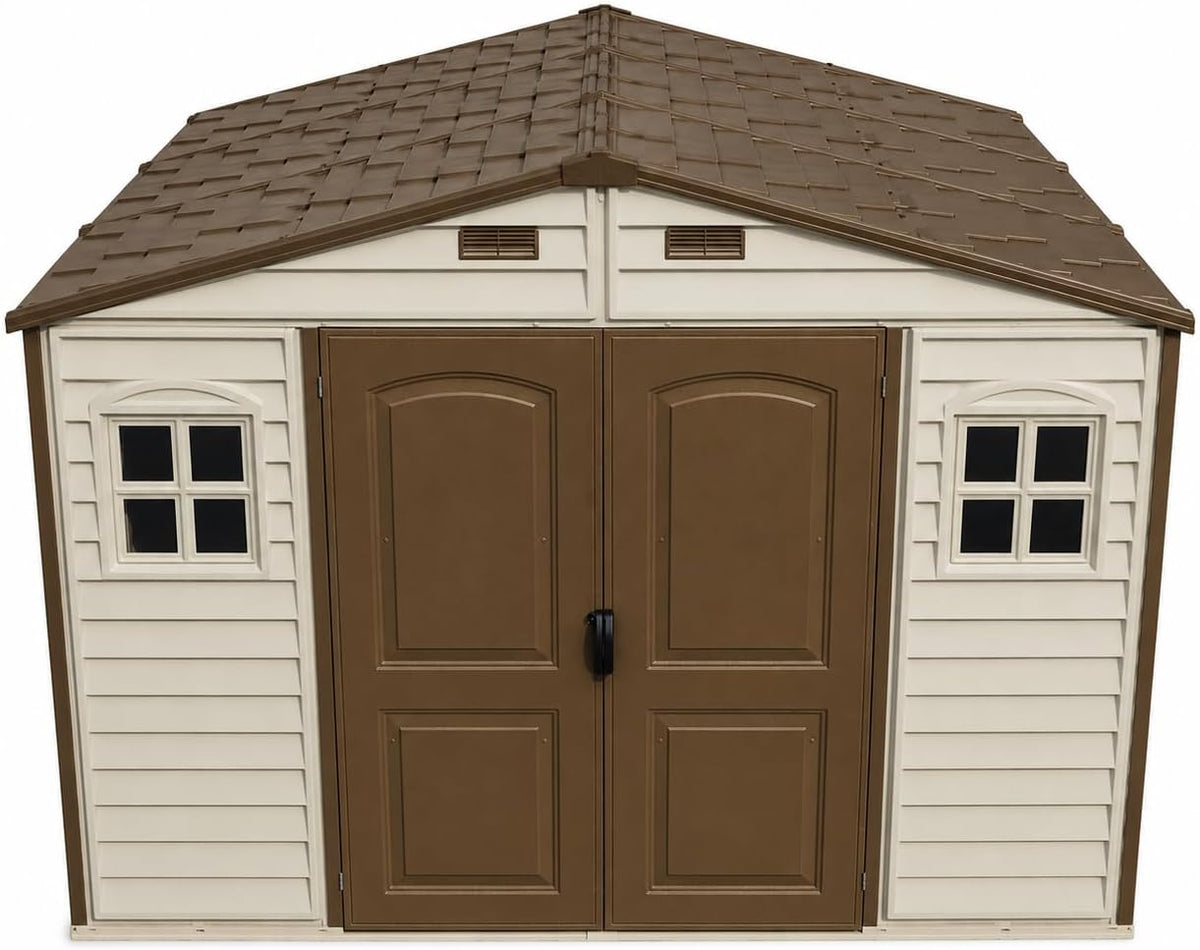 Duramax WoodSide 10 x 8 (8.02 m2) Plastic Garden Shed with 3 Fixed Windows & Metal Foundation Kit, Strong Metal Roof Structure Fire Retardant and Maintenance-Free Storage Shed - Ivory/Brown