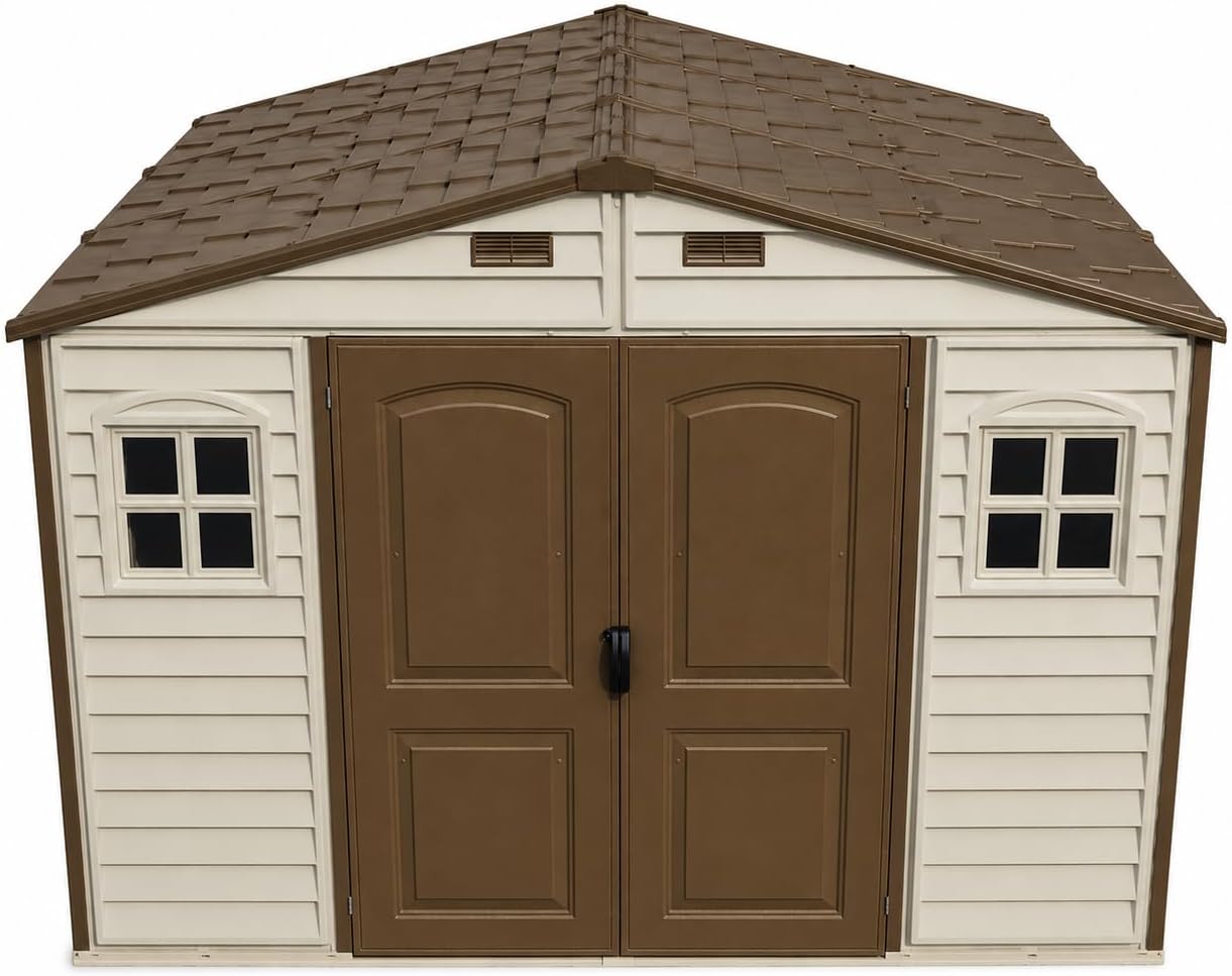 Duramax WoodSide 10 x 8 (8.02 m2) Plastic Garden Shed with 3 Fixed Windows & Metal Foundation Kit, Strong Metal Roof Structure Fire Retardant and Maintenance-Free Storage Shed - Ivory/Brown