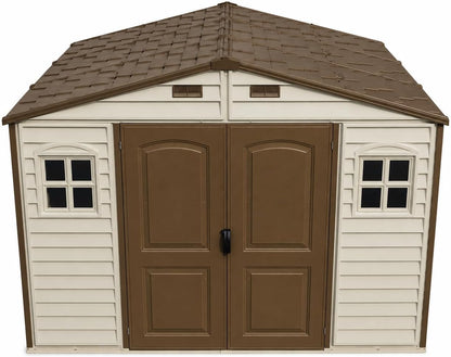 Duramax WoodSide 10 x 8 (8.02 m2) Plastic Garden Shed with 3 Fixed Windows & Metal Foundation Kit, Strong Metal Roof Structure Fire Retardant and Maintenance-Free Storage Shed - Ivory/Brown