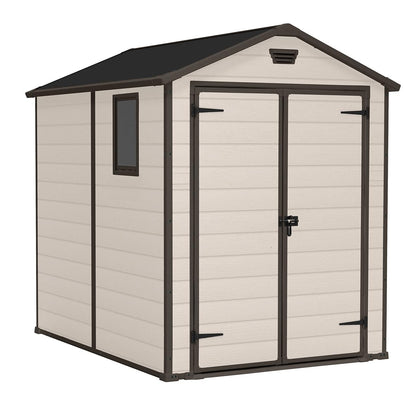 Keter, Manor Apex 6 x 5 ft Outdoor Garden Storage Shed, elegant wood-effect double door design for easy access, durable fade-free resin with window and floor panel for secure storage, Beige and Brown