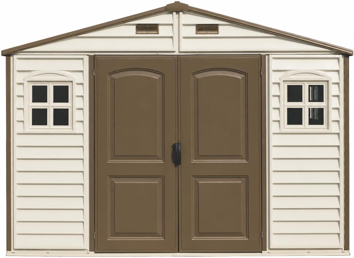 Duramax WoodSide 10 x 8 (8.02 m2) Plastic Garden Shed with 3 Fixed Windows & Metal Foundation Kit, Strong Metal Roof Structure Fire Retardant and Maintenance-Free Storage Shed - Ivory/Brown