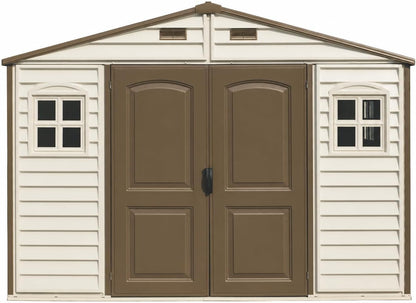Duramax WoodSide 10 x 8 (8.02 m2) Plastic Garden Shed with 3 Fixed Windows & Metal Foundation Kit, Strong Metal Roof Structure Fire Retardant and Maintenance-Free Storage Shed - Ivory/Brown