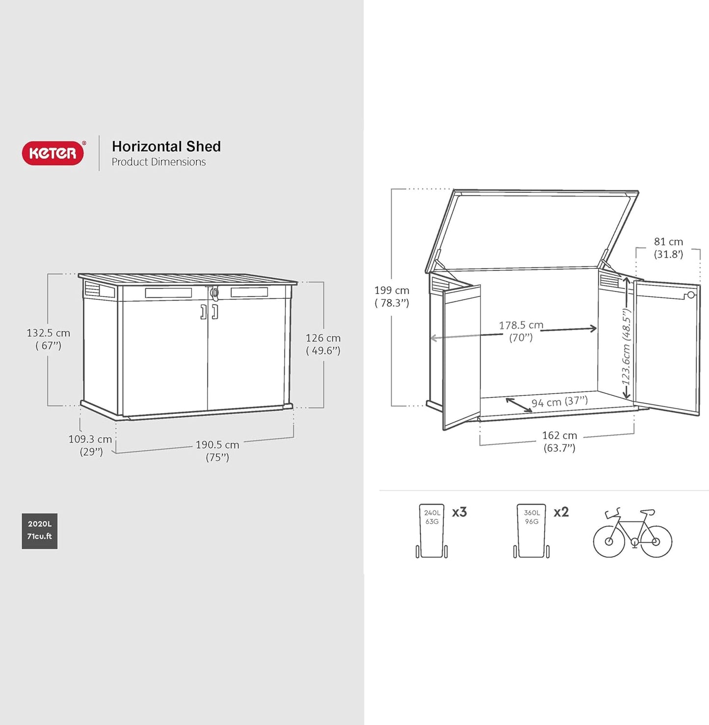 Keter Signature Horizontal Shed – 2020L Premium Outdoor Storage - Rosewood | Weather‑Resistant Wood‑Effect Resin | Fits Bikes, Wheelie Bins & Garden Equipment | Lockable & Easy‑Access Design