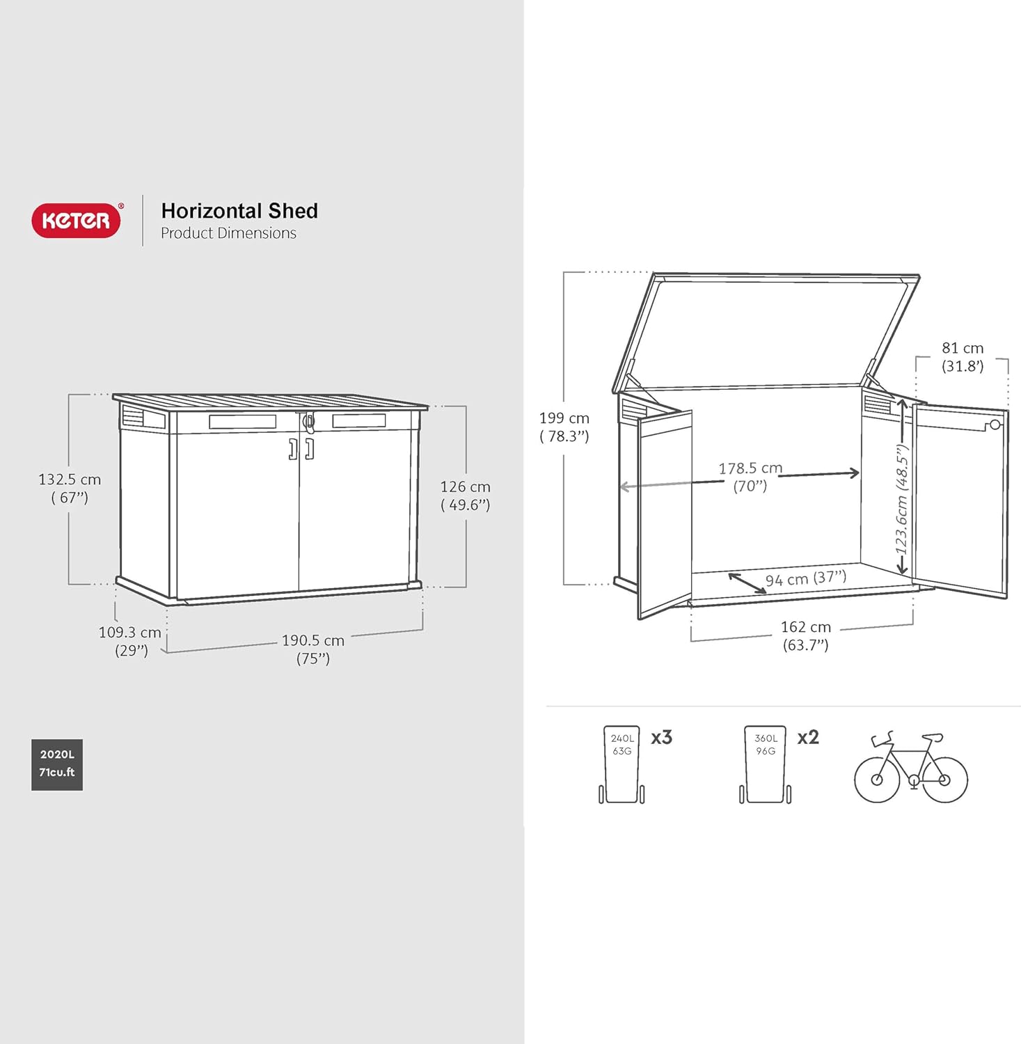 Keter Signature Horizontal Shed – 2020L Premium Outdoor Storage - Rosewood | Weather‑Resistant Wood‑Effect Resin | Fits Bikes, Wheelie Bins & Garden Equipment | Lockable & Easy‑Access Design