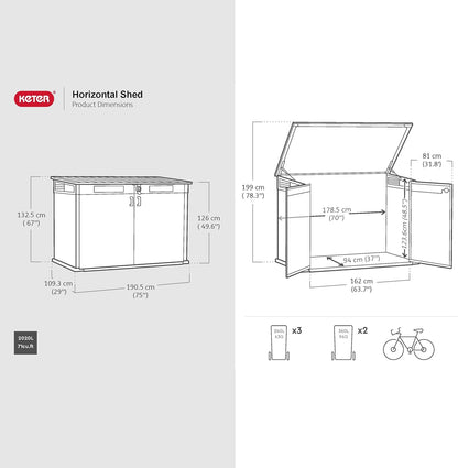 Keter Signature Horizontal Shed – 2020L Premium Outdoor Storage - Rosewood | Weather‑Resistant Wood‑Effect Resin | Fits Bikes, Wheelie Bins & Garden Equipment | Lockable & Easy‑Access Design