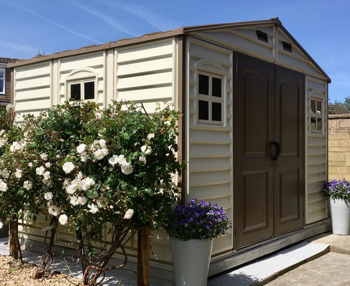 Duramax WoodSide 10 x 8 (8.02 m2) Plastic Garden Shed with 3 Fixed Windows & Metal Foundation Kit, Strong Metal Roof Structure Fire Retardant and Maintenance-Free Storage Shed - Ivory/Brown