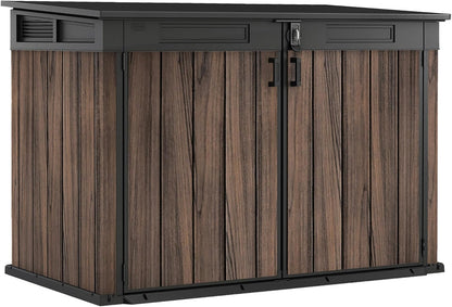 Keter Signature Horizontal Shed – 2020L Premium Outdoor Storage - Rosewood | Weather‑Resistant Wood‑Effect Resin | Fits Bikes, Wheelie Bins & Garden Equipment | Lockable & Easy‑Access Design