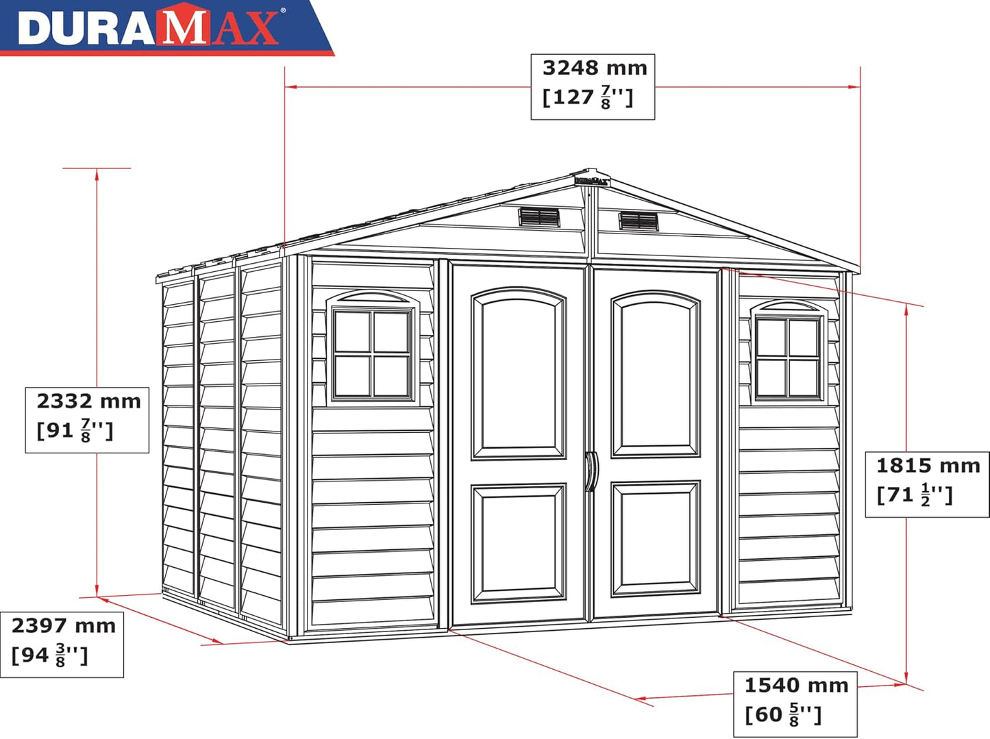 Duramax WoodSide 10 x 8 (8.02 m2) Plastic Garden Shed with 3 Fixed Windows & Metal Foundation Kit, Strong Metal Roof Structure Fire Retardant and Maintenance-Free Storage Shed - Ivory/Brown