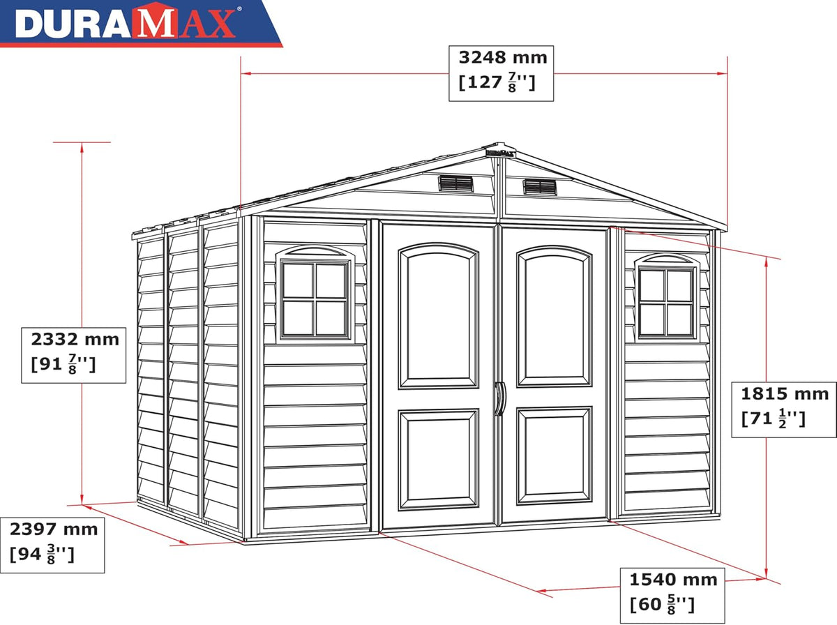 Duramax WoodSide 10 x 8 (8.02 m2) Plastic Garden Shed with 3 Fixed Windows & Metal Foundation Kit, Strong Metal Roof Structure Fire Retardant and Maintenance-Free Storage Shed - Ivory/Brown
