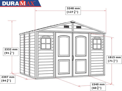 Duramax WoodSide 10 x 8 (8.02 m2) Plastic Garden Shed with 3 Fixed Windows & Metal Foundation Kit, Strong Metal Roof Structure Fire Retardant and Maintenance-Free Storage Shed - Ivory/Brown