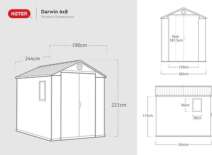 Keter Darwin Outdoor Apex Double Door Garden Storage Shed 6 x 8ft Grey Evotech+ Wood Look and Feel | Fade Free | All Weather Resistant | Safe and Secure | Zero Maintenance | 15 year Warranty