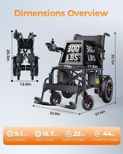 Electric Wheelchair for Adults - 15 Miles Long Travel Range, Lightweight Folding, Motorized Power Chair for Indoor/Outdoor Mobility - Compact Size - Black