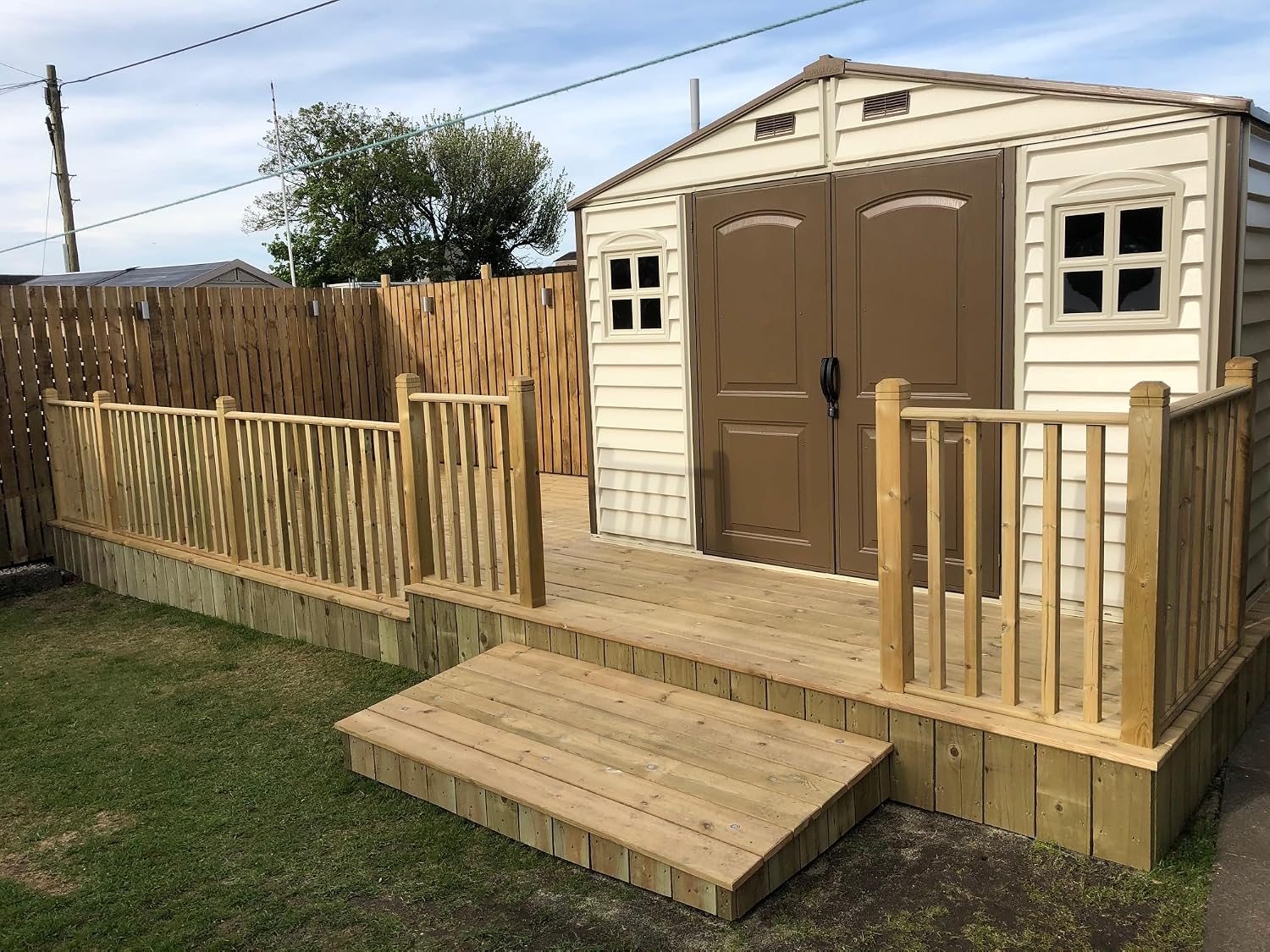Duramax WoodSide 10 x 8 (8.02 m2) Plastic Garden Shed with 3 Fixed Windows & Metal Foundation Kit, Strong Metal Roof Structure Fire Retardant and Maintenance-Free Storage Shed - Ivory/Brown