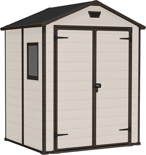 Keter, Manor Apex 6 x 5 ft Outdoor Garden Storage Shed, elegant wood-effect double door design for easy access, durable fade-free resin with window and floor panel for secure storage, Beige and Brown