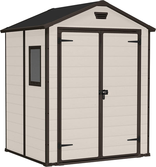 Keter, Manor Apex 6 x 5 ft Outdoor Garden Storage Shed, elegant wood-effect double door design for easy access, durable fade-free resin with window and floor panel for secure storage, Beige and Brown
