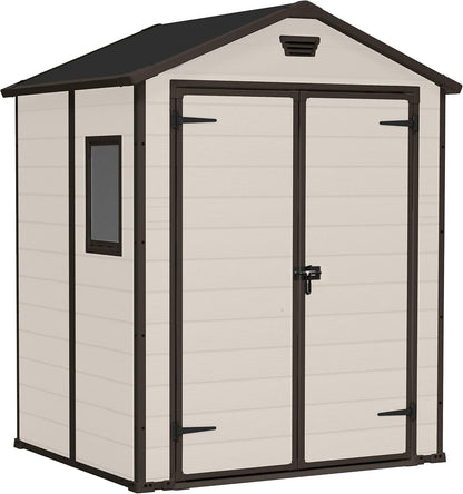 Keter, Manor Apex 6 x 5 ft Outdoor Garden Storage Shed, elegant wood-effect double door design for easy access, durable fade-free resin with window and floor panel for secure storage, Beige and Brown