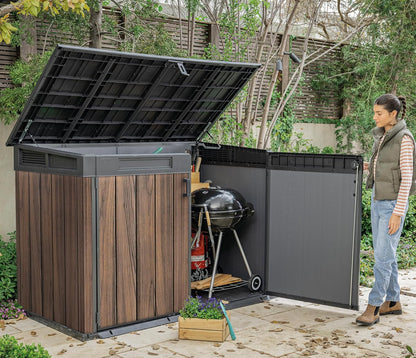 Keter Signature Horizontal Shed – 2020L Premium Outdoor Storage - Rosewood | Weather‑Resistant Wood‑Effect Resin | Fits Bikes, Wheelie Bins & Garden Equipment | Lockable & Easy‑Access Design