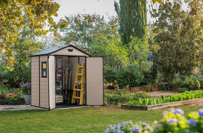 Keter, Manor Apex 6 x 5 ft Outdoor Garden Storage Shed, elegant wood-effect double door design for easy access, durable fade-free resin with window and floor panel for secure storage, Beige and Brown