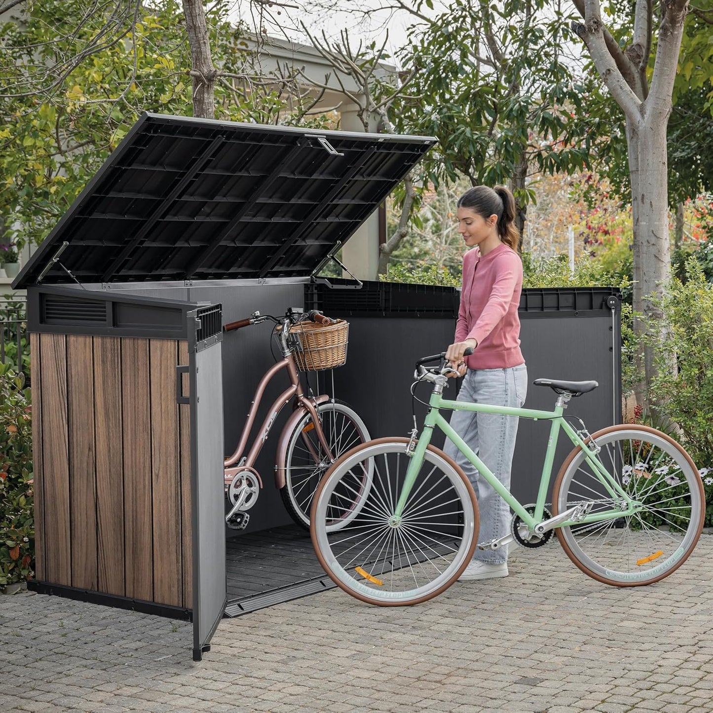 Keter Signature Horizontal Shed – 2020L Premium Outdoor Storage - Rosewood | Weather‑Resistant Wood‑Effect Resin | Fits Bikes, Wheelie Bins & Garden Equipment | Lockable & Easy‑Access Design
