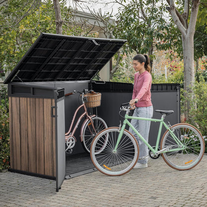 Keter Signature Horizontal Shed – 2020L Premium Outdoor Storage - Rosewood | Weather‑Resistant Wood‑Effect Resin | Fits Bikes, Wheelie Bins & Garden Equipment | Lockable & Easy‑Access Design