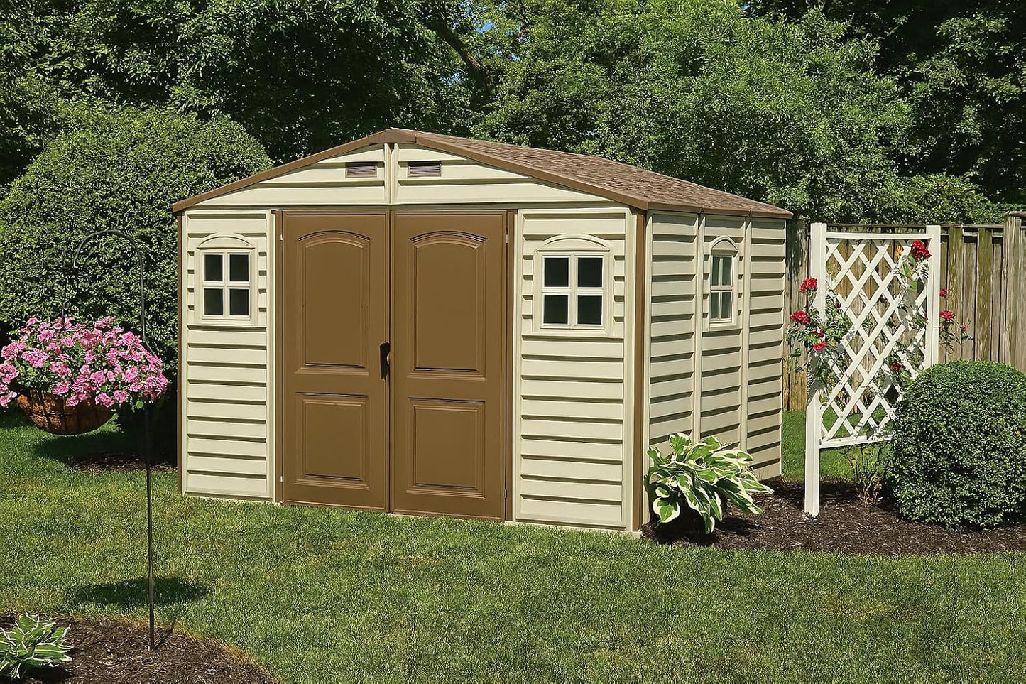 Duramax WoodSide 10 x 8 (8.02 m2) Plastic Garden Shed with 3 Fixed Windows & Metal Foundation Kit, Strong Metal Roof Structure Fire Retardant and Maintenance-Free Storage Shed - Ivory/Brown