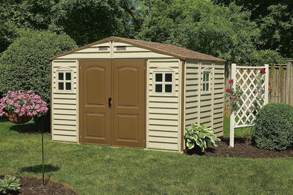 Duramax WoodSide 10 x 8 (8.02 m2) Plastic Garden Shed with 3 Fixed Windows & Metal Foundation Kit, Strong Metal Roof Structure Fire Retardant and Maintenance-Free Storage Shed - Ivory/Brown