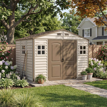 Duramax WoodSide 10 x 8 (8.02 m2) Plastic Garden Shed with 3 Fixed Windows & Metal Foundation Kit, Strong Metal Roof Structure Fire Retardant and Maintenance-Free Storage Shed - Ivory/Brown
