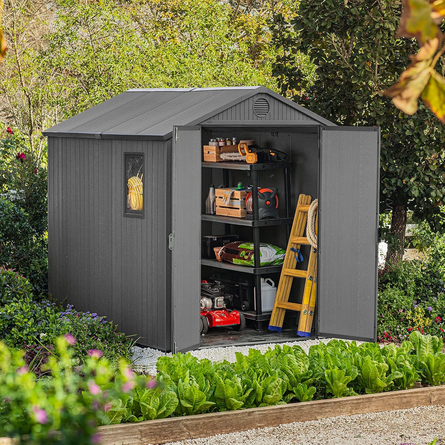 Keter Darwin Outdoor Apex Double Door Garden Storage Shed 6 x 8ft Grey Evotech+ Wood Look and Feel | Fade Free | All Weather Resistant | Safe and Secure | Zero Maintenance | 15 year Warranty