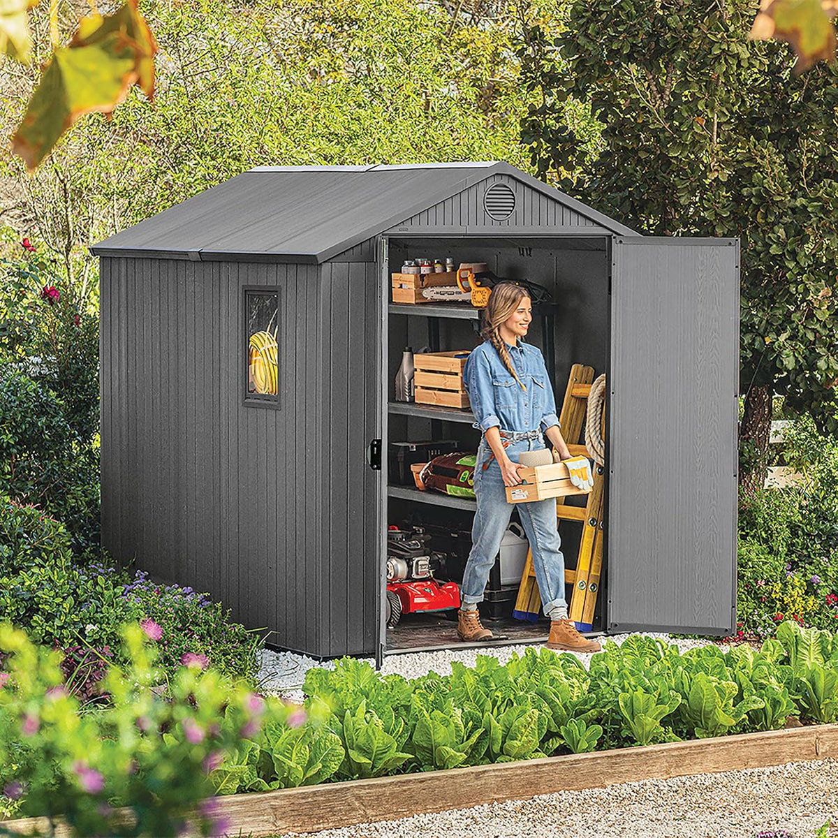 Keter Darwin Outdoor Apex Double Door Garden Storage Shed 6 x 8ft Grey Evotech+ Wood Look and Feel | Fade Free | All Weather Resistant | Safe and Secure | Zero Maintenance | 15 year Warranty