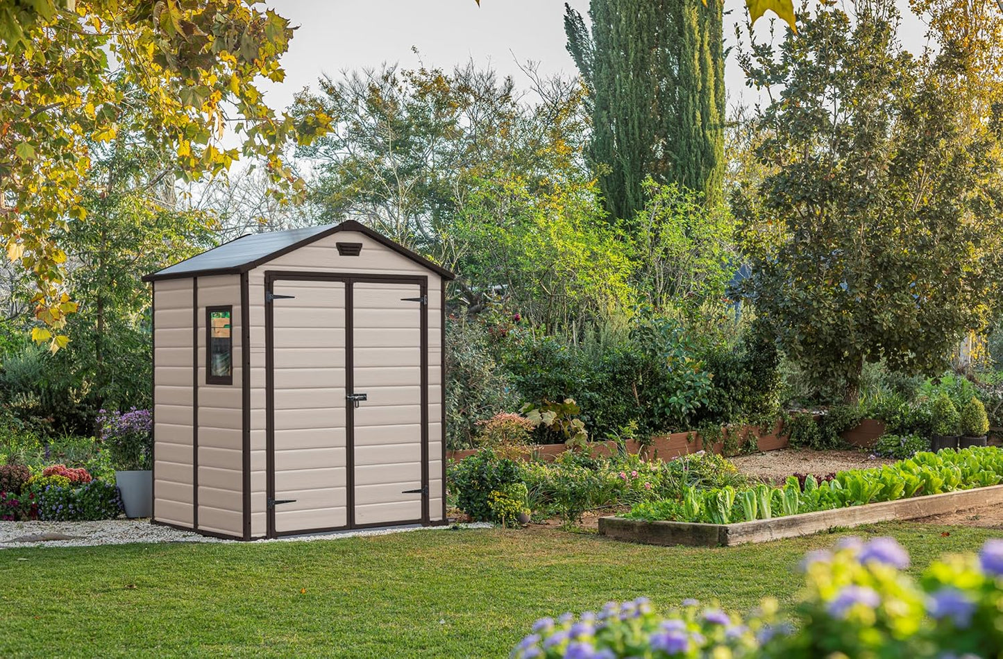 Keter, Manor Apex 6 x 5 ft Outdoor Garden Storage Shed, elegant wood-effect double door design for easy access, durable fade-free resin with window and floor panel for secure storage, Beige and Brown