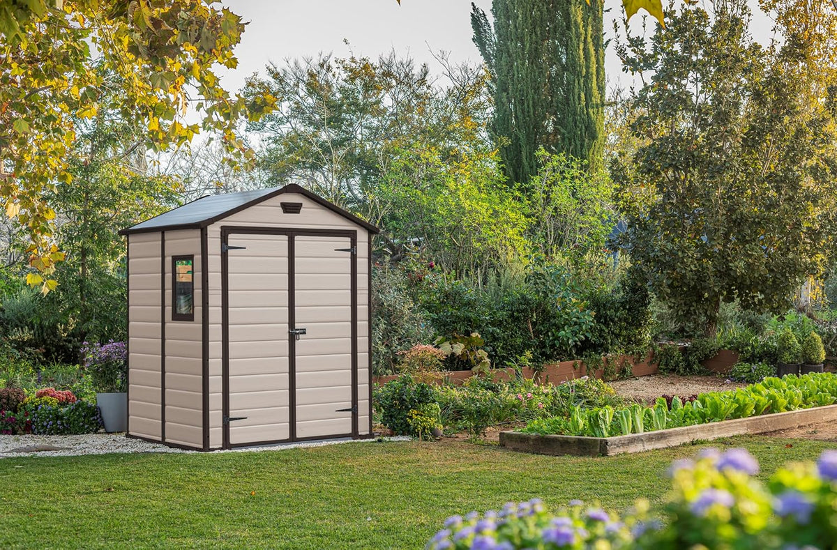 Keter, Manor Apex 6 x 5 ft Outdoor Garden Storage Shed, elegant wood-effect double door design for easy access, durable fade-free resin with window and floor panel for secure storage, Beige and Brown